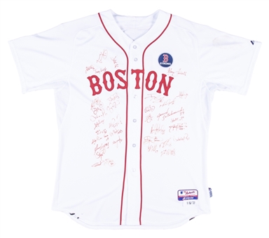 2013 Jonny Gomes Game Used & Team Signed Boston Red Sox Home Jersey With “BOSTON” On The Front & Boston Strong Patch Used On 4/20/2013 - With 33 Signatures Including David Ortiz! (Gomes LOA & JSA) 